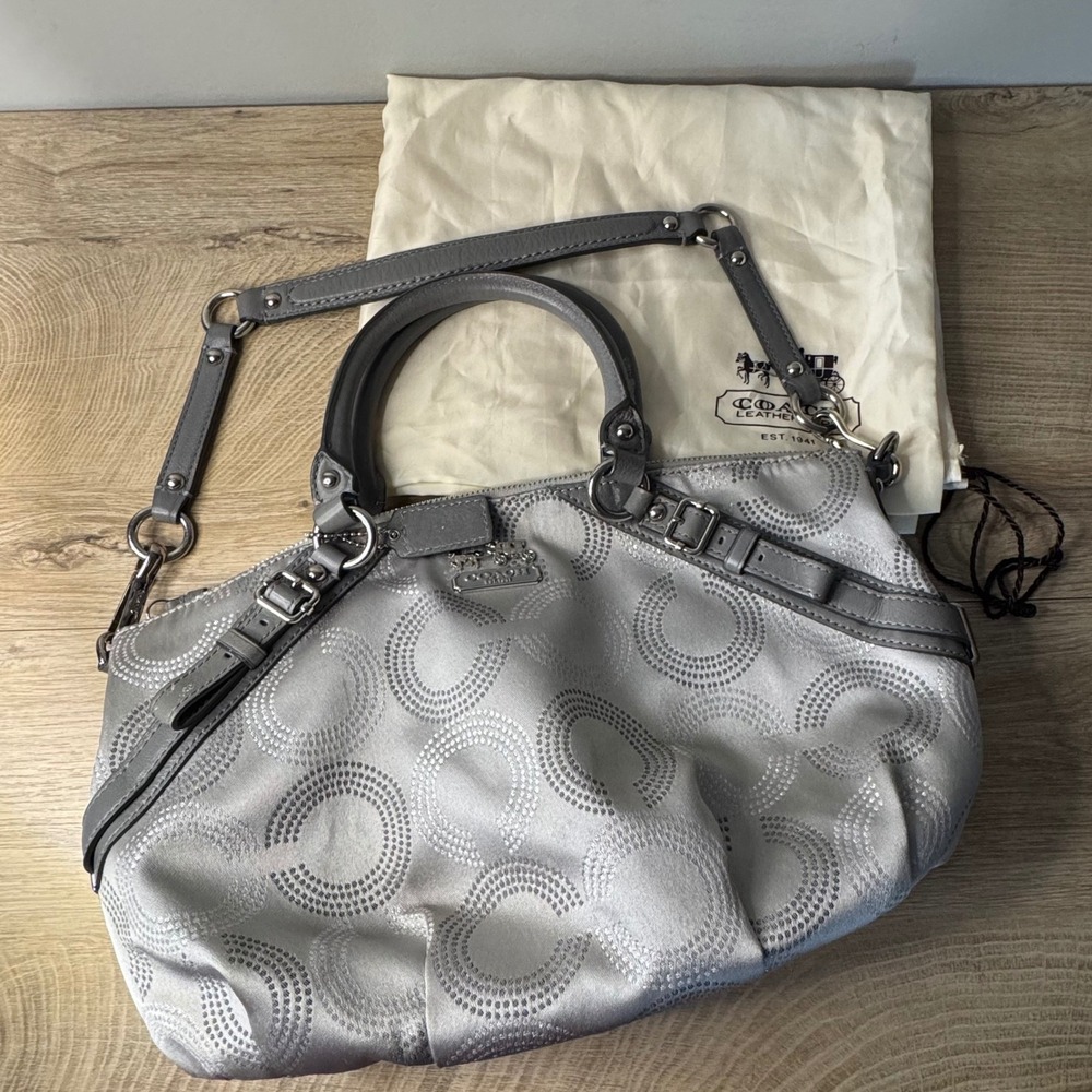 Coach Madison Dotted OP Art Sophia Satchel Signature C Metallic Silver Gray Tote